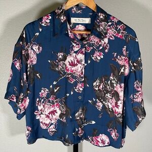 Free People Womens Small Cropped‎ Button Down Blouse Floral Shirt Top Boho